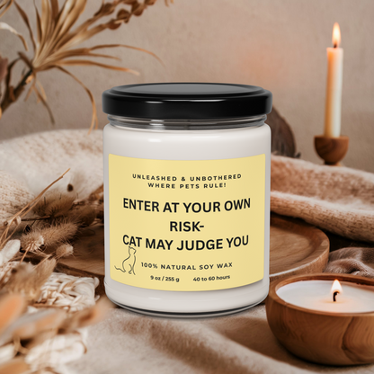 Soy Candle, Whimsical Cat Theme, Cozy Home Decor, Cat Lover Gift, Unique Pet Owner Gift Idea, 9oz Candle, Cat May Judge, Enter at Your Own