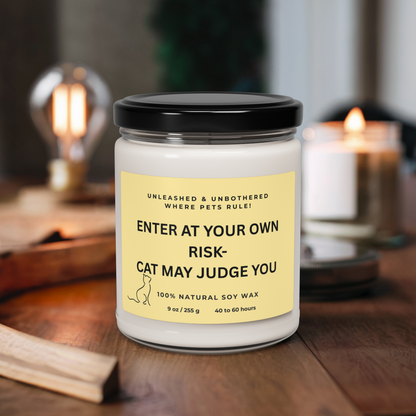 Soy Candle, Whimsical Cat Theme, Cozy Home Decor, Cat Lover Gift, Unique Pet Owner Gift Idea, 9oz Candle, Cat May Judge, Enter at Your Own