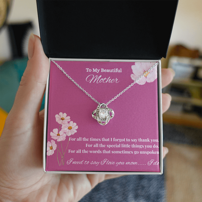 Sentimental Mom Gift from Son or Daughter –  Necklace for Christmas, Birthday, Mother's Day or Any Occasion. Love Knot Necklace (Yellow & White Gold Variants)